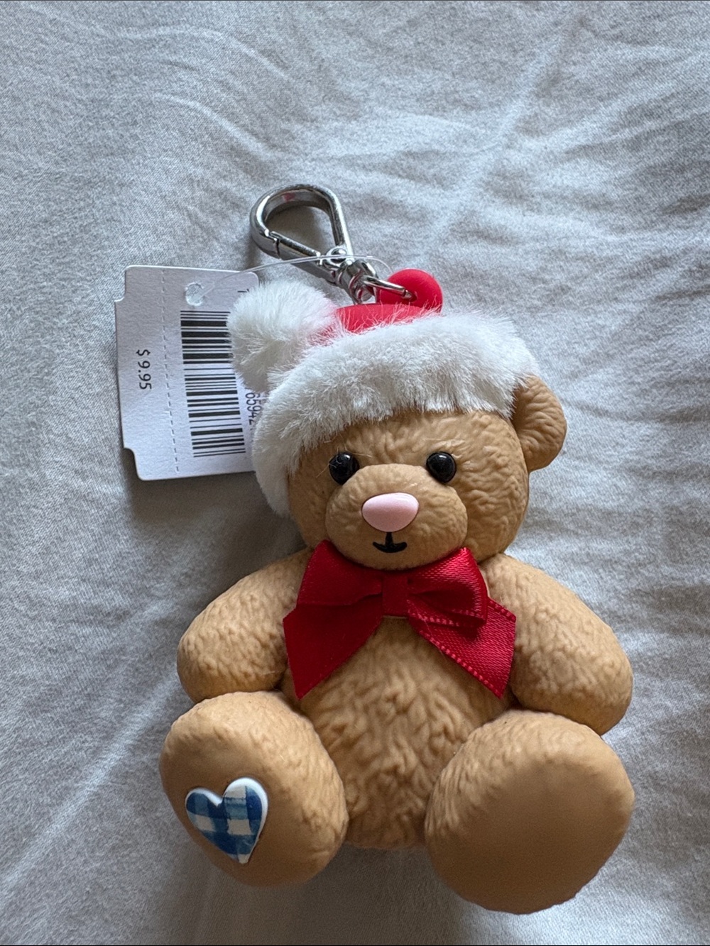Bath & Body Works Tan Teddy Bear Keychain with Red Bow and Santa Hat